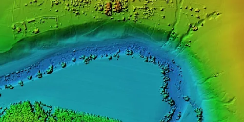 Digital elevation model of a valley, coloured by altitude
