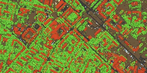 Classified point cloud with vegetation in green and buildings in red